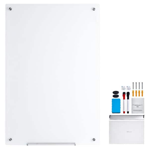 SKYSHALO Magnetic Glass Whiteboard 31.5 in. x 47.24 in. White, Wall-Mounted with Marker Tray, Metal Framed Chalkboard Memo Board