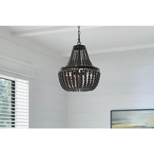 Hampton Bay Cayman 3-Light Black Chandelier Light Fixture with Black Faux Wood Beaded Shade