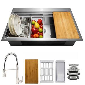 Handmade All-in-One Topmount Stainless Steel 33 in. x 22 in. Single Bowl Kitchen Sink w/ Spring Neck Faucet, Accessory