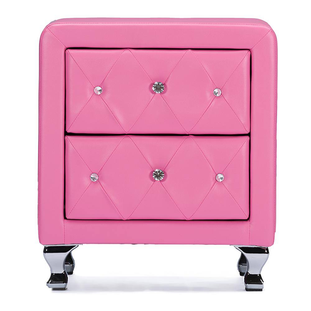 Stella Pink Faux Leather 2-Drawer Crystal Tufted Nightstand