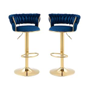 37.8 in. Swivel Adjustable Height Golden Metal Frame Cushioned Bar Stool with Navy Blue Velvet Seat (Set of 2)