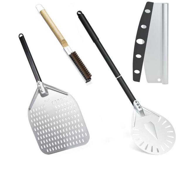 Pizza Oven Accessories Set Aluminum Silver Pizza Peel with Nonstick Coating and Pizza Stone Brush 4 Piece Kit