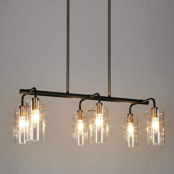 Zevni 6-Light Plated Brass Island Hanging Chandelier Linear Pendant Light with Clear Glass Shade for Kitchen and Dining Room