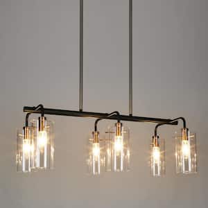 6-Light Plated Brass Island Hanging Chandelier Linear Pendant Light with Clear Glass Shade for Kitchen and Dining Room