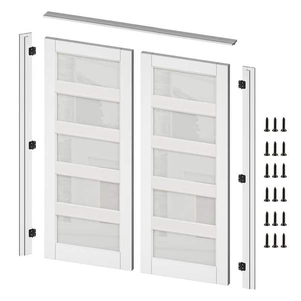 ARK DESIGN 72 in. x 80 in. Universal 5-Lite Frosted Glass White Solid Core Wood Double French Door with Quick Assemble Jamb