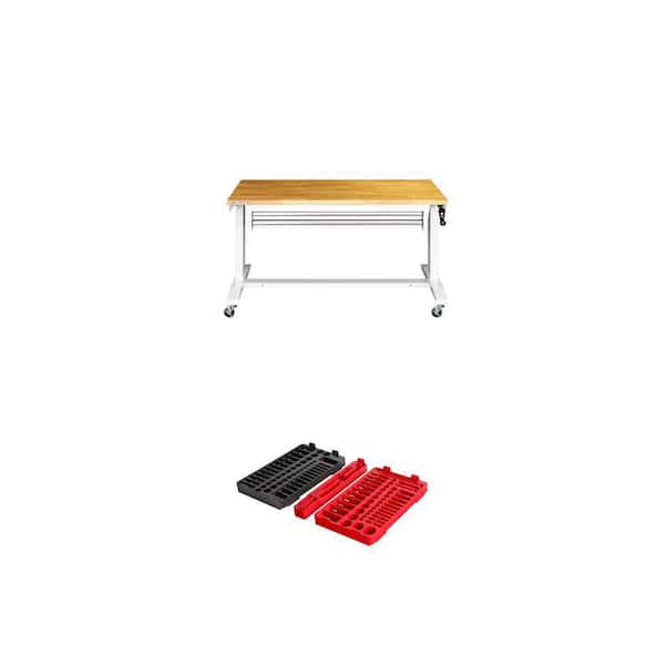 52 in. x 24 in. White Workbench Table with Wood Top and 106-Piece SAE/Metric Ratchet Socket Mechanics Tool Set
