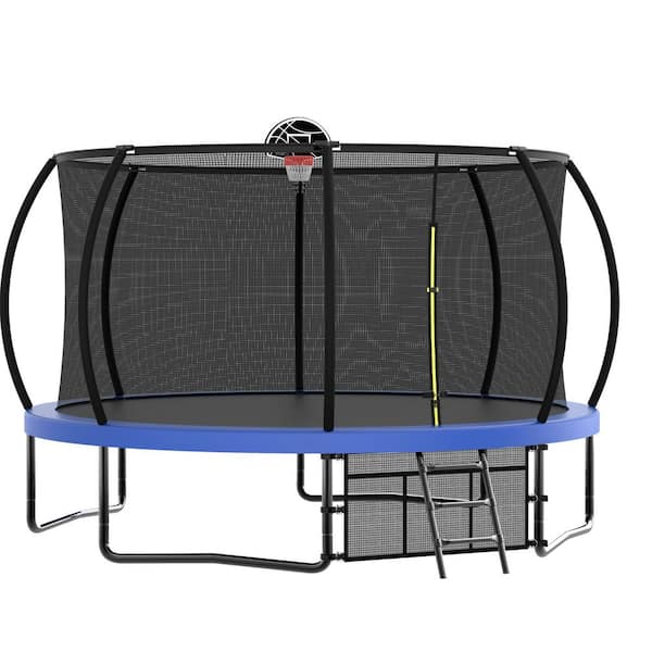 Unbranded 14 ft. Outdoor Recreational Kids Trampoline with Basketball Hoop Enclosure Net and Ladder for Kids and Adults, Blue