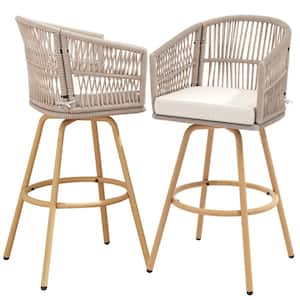 Swivel Patio Wicker Outdoor Bar Stools Bar Chairs Counter Height with Armrests and Cushions (2-Pack)