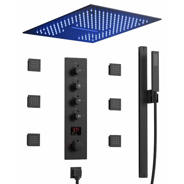 EVERSTEIN 6-Spray 16 in. x 28 in. Dual Shower Head LED Ceiling Mount Fixed High Pressure with Handheld Shower Head in Matte Black