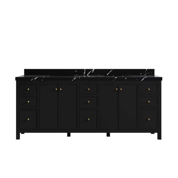 Willow Collections Chicago 84 in. W x 22 in. D x 36 in. H Double Sink Bath Vanity in Black with 2 in. Calcutta Black Qt. Top