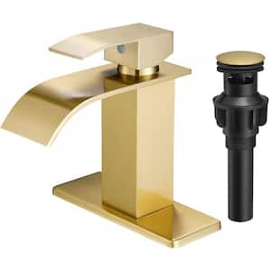 Single Handle Waterfall Spout Single Hole Bathroom Faucet with Deckplate Included and Drain in Brushed Gold