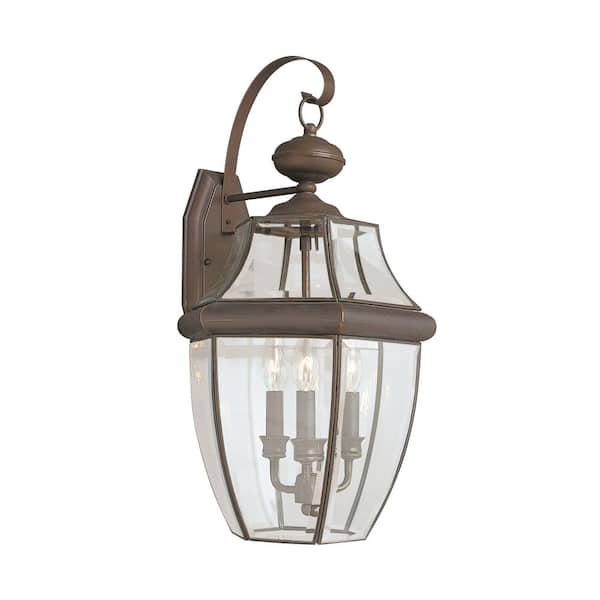 Generation Lighting Lancaster 3-Light Antique Bronze Outdoor 23 in. Wall Lantern Sconce with Dimmable Candelabra LED Bulb