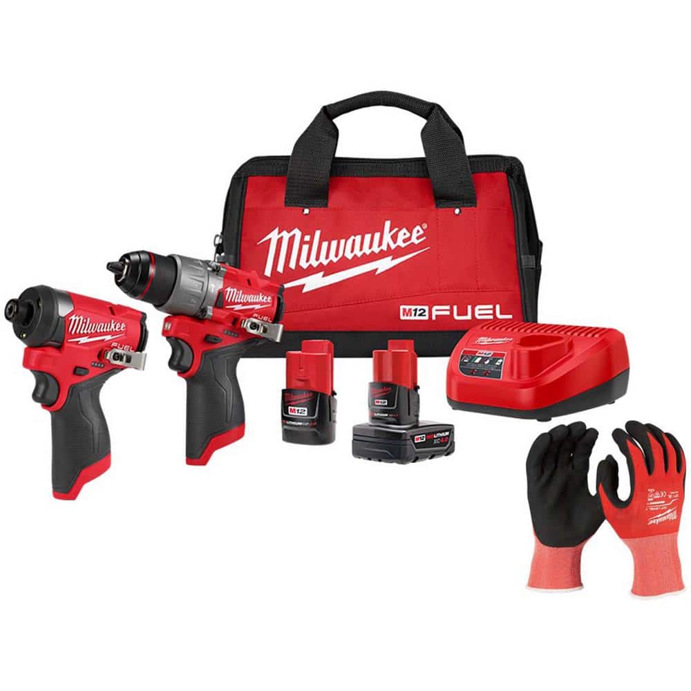 Milwaukee M12 12-Volt FUEL Cordless Brushless Hammer Drill and Impact Driver Combo Kit w/2 Batteries & X-Large Nitrile Cut 1 Glove