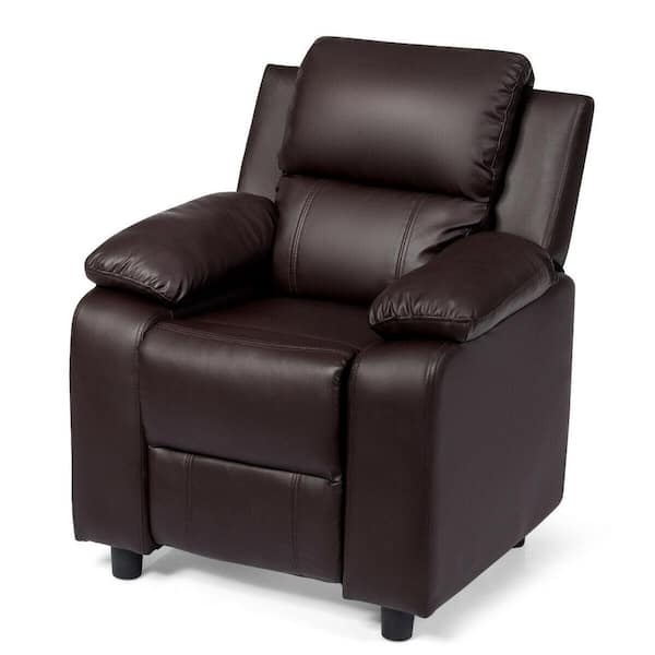 Costway Deluxe Padded Brown Faux Leather Upholstery Kids Recliner Headrest with Storage Arm