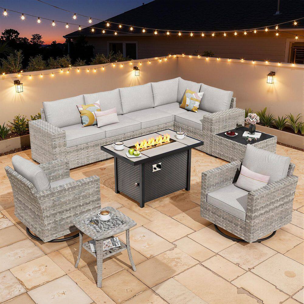 Baldwin Gray 10-Piece Wicker Wide Arm Outdoor Patio Sofa Sectional Set with Metal Fire Pit and Dark Gray Cushions price history on PriceWatchPro