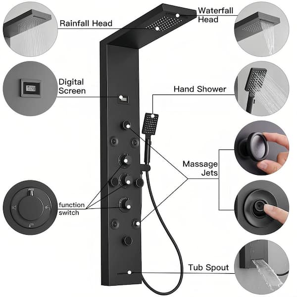 8-Jet Rainfall Shower Tower Shower Panel System with Rainfall Waterfall Shower Head, LED Light in Matte Black