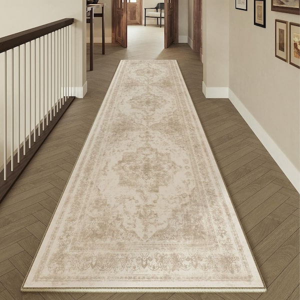 Persia Beige 2 ft. x 8 ft. Vintage Medallion Distressed Runner Rug
