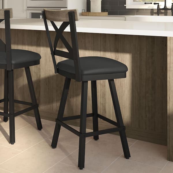Amisco Snyder 26.5 in. Charcoal Black Faux Leather / Beige Birch Wood / Black Metal Swivel Counter Stool