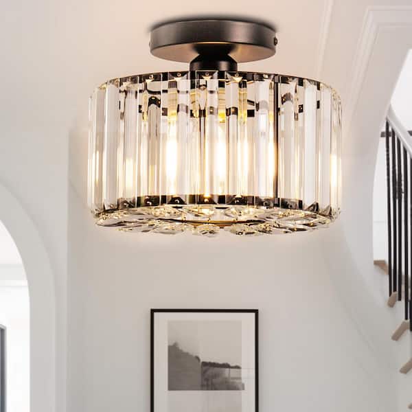 10 in. 1-Light Black Modern Semi-Flush Mount with Crystal Shade and No Bulbs Included