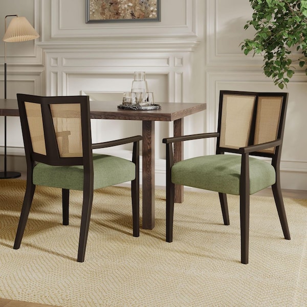 CHRISTOPHER KNIGHT HOME Sinclair Modern Upholstered Dining Chairs with Cane Webbing, Arms, Rubberwood, Dark Brown plus Green(Set of 2)