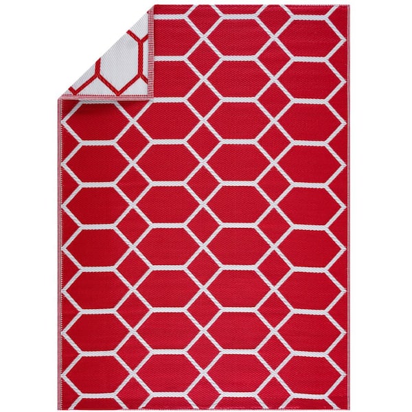 PLAYA RUG Miami Red  White 5 ft. X 7 ft. Reversible Recycled Plastic Indoor/Outdoor Area Rug-Floor Mat
