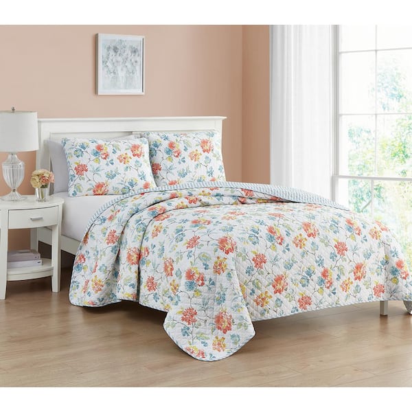 CEDAR COURT Sasha Floral 3PC Reversible Cotton Quilt Set, All Season Bedding, Prewashed for Added Comfort, Coral/Blue/Yellow, King