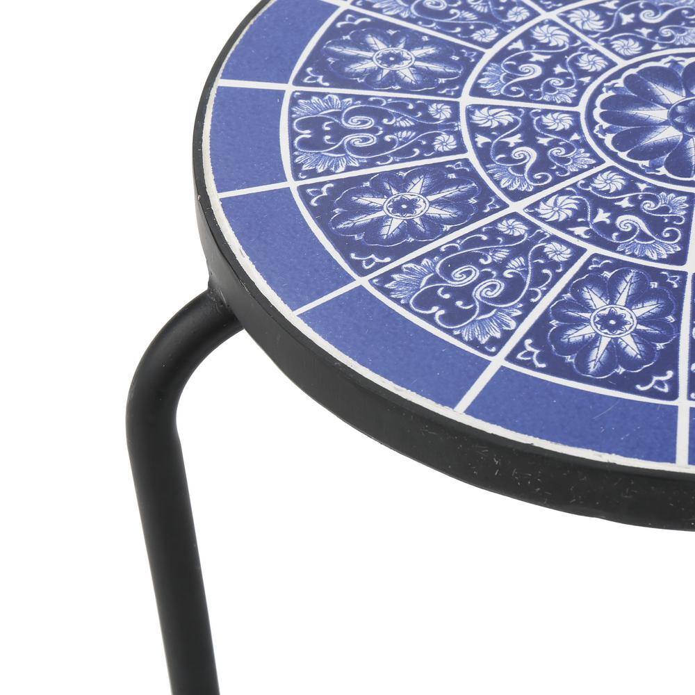 Blue and White Ceramic Tile Top Matte Black Iron Plant Stand