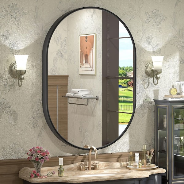 28 in. W x 40 in. H Oval Aluminum Alloy Framed and Tempered Glass Wall Decor Bathroom Vanity Mirror in Matte Black