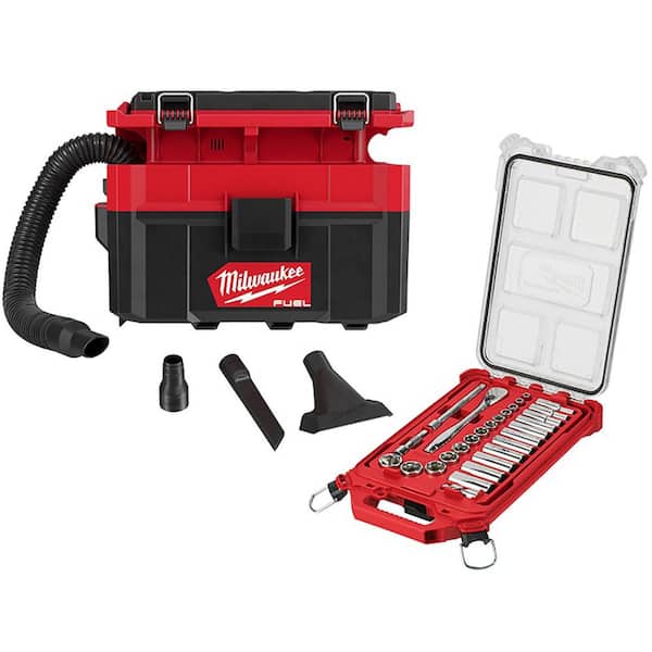 Milwaukee M18 FUEL PACKOUT 18-Volt Lithium-Ion Cordless 2.5 Gal. Wet/Dry Vacuum with 3/8 in. SAE Mechanics Set (28-Piece)