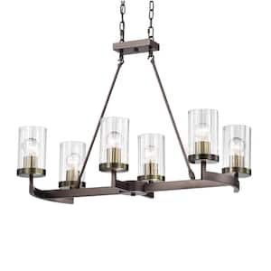 6-Light Bronze and Antique Gold Linear Chandelier with Glass Shades