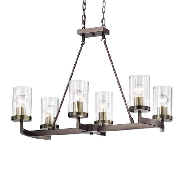Edvivi 6-Light Bronze and Antique Gold Linear Chandelier with Glass Shades