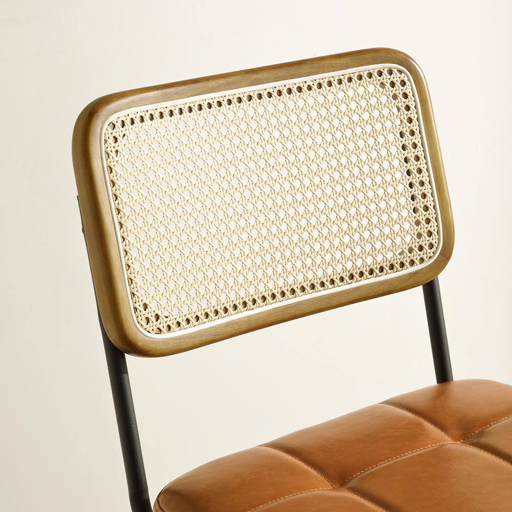 Yellow Brown Faux Leather Upholstered Rattan Cane Side Chair Set