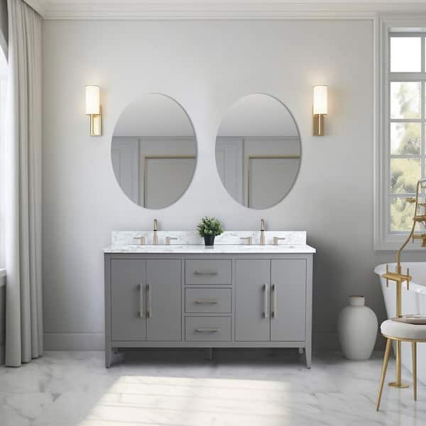 Vanity Art 60 in. W x 22 in. D x 34 in. H Double Sink Bathroom Vanity Cabinet in Cashmere Gray with Engineered Marble Top in White