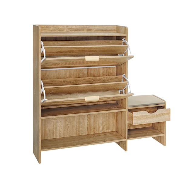 44.9 in. x 47.2 in. Light Brown Rattan Shoe Storage Cabinet with Bench, 2 Flip Drawers and Hidden Storage for Entryway