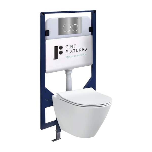 FINE FIXTURES Vogue Wall-Hung 2-Piece 1.6 GPF Dual Flush Round Toilet in White with Concealed Tank and Dual Flush Plate Seat Included