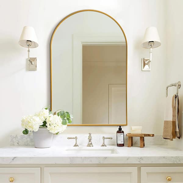 Unbranded Wall Aluminum Slim Frame Bathroom Mirrors Gold 24 in. W x 36 in. H Arched Corner