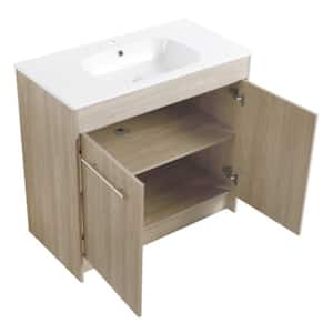 GLEM06 36 in. W x 18.1 in. D x 33.8 in. H Single Sink Freestanding Bath Vanity in Oak with White Solid Surface  Top
