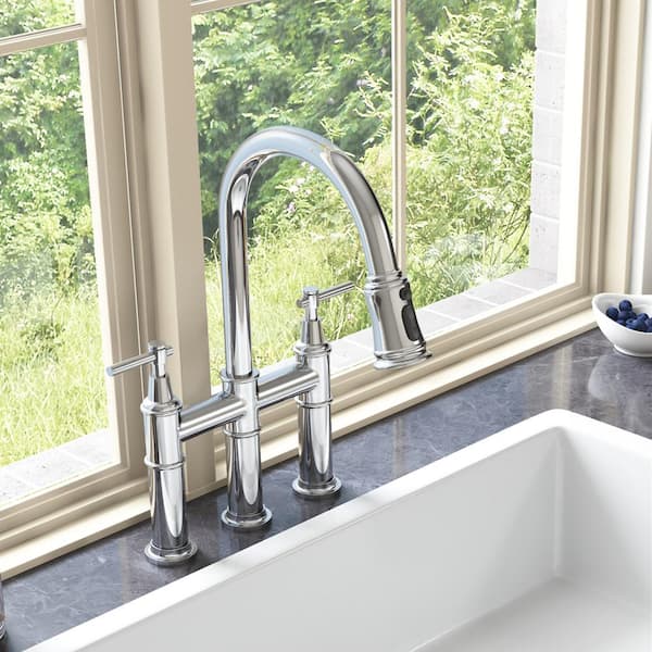 Bridge Double Handle Brass Gooseneck Pull Down Sprayer Kitchen Faucet in Chrome