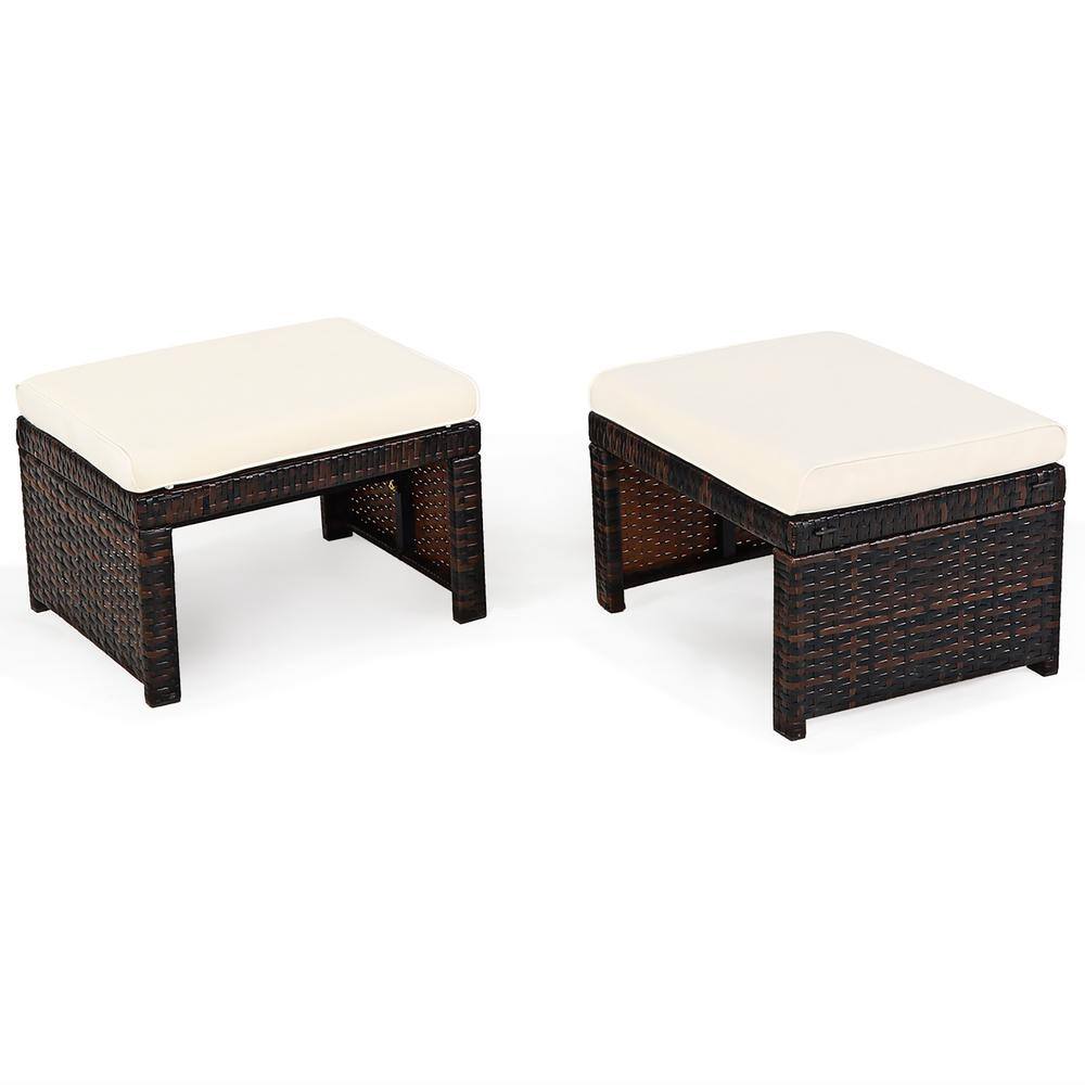 White PE Rattan Outdoor Ottomans with Cushions, Set of 2