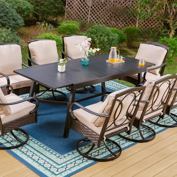 9-Piece Metal Outdoor Dining Set with Extensible Rectangular Slat Table and Rattan Swive Chairs with Beige Cushions