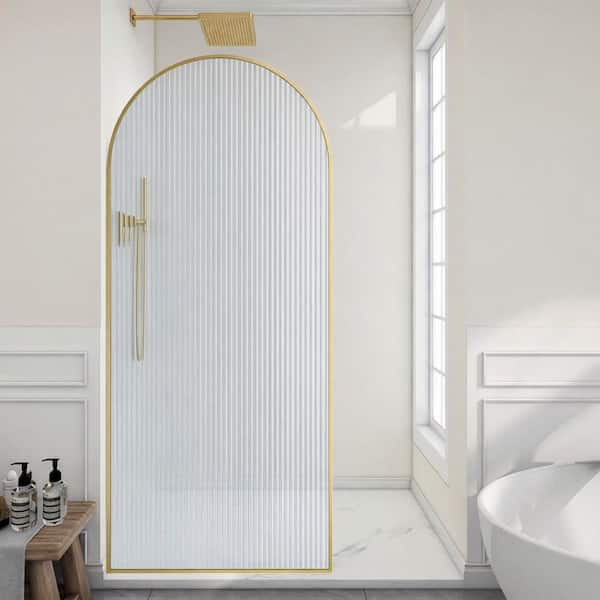 Ember Series 34 in. W x 78 in. H Fixed Framed Shower Door in Brushed Gold Finish with Flueted Glass