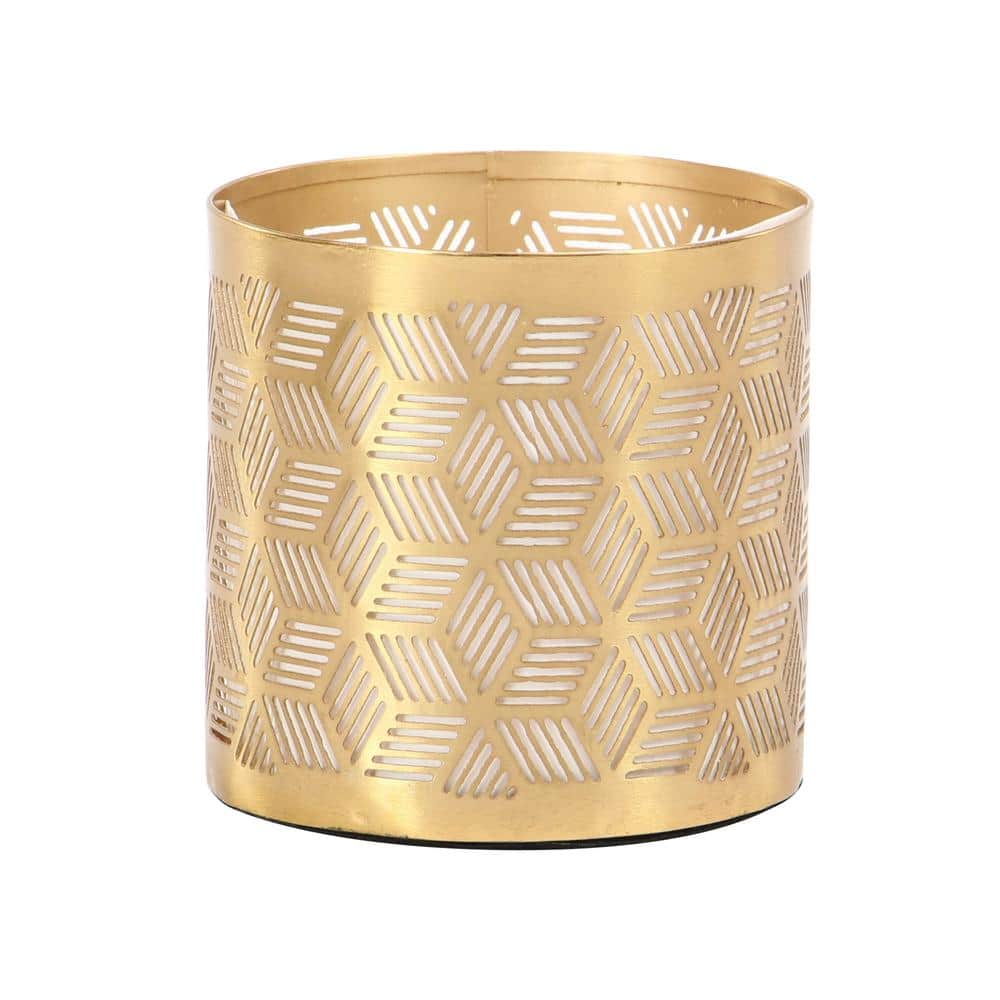 Gold Metal Geometric Cylinder Pencil Cup with Laser Carved Design