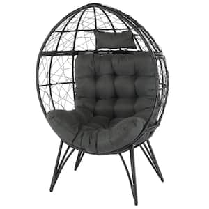 Black Wicker Outdoor Lounge Chair with Grey Cushion Oversized Wicker Egg Chair (1-Pack)