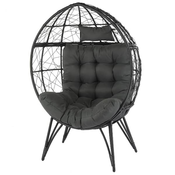 VINGLI Black Wicker Outdoor Lounge Chair with Grey Cushion Oversized Wicker Egg Chair (1-Pack)