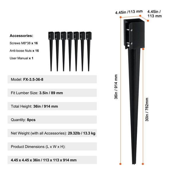 VEVOR Fence Post Anchor Ground Spike 8-Pack 36 in. x 4 in. x 4 in. Outer Diameter Metal Black Powder Coated Post Stake Ground.