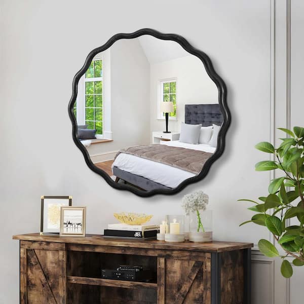 42 in. W x 42 in. H Round Wood Framed Antique Black Mirror Modern