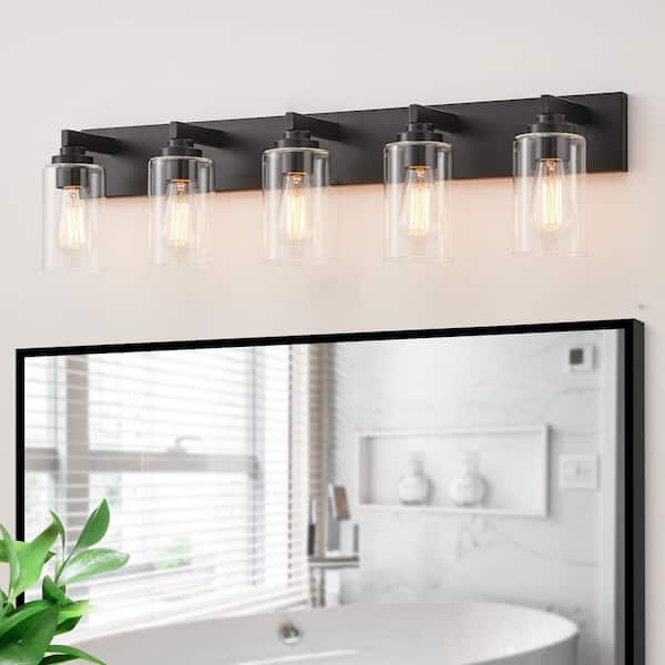 36.25 in. 5-Light Black Vanity Light with Clear Glass Shade