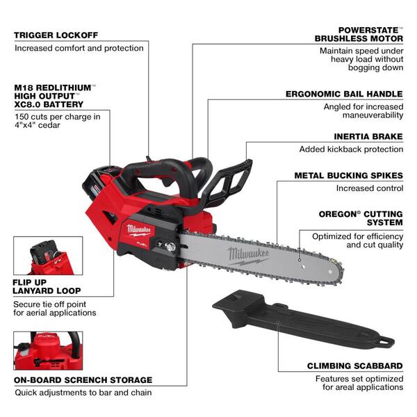 Milwaukee - M18 FUEL 14 in. 18V Brushless Cordless Electric Battery Top Handle Chainsaw Kit w/ Pole Saw, 8.0 Ah Battery & Charger