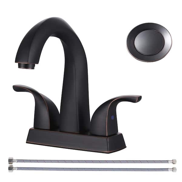 VEVETTA 4 in. Centerset Double Handle Stainless Steel Bathroom Faucet with Drain Assembly and Supply Hose in Oil Rubbed Bronze
