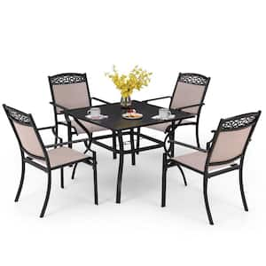 4-Piece Dark Brown Aluminum Outdoor Dining Set 4 Textilene Dining Chairs and Square Dining Glass Top Table